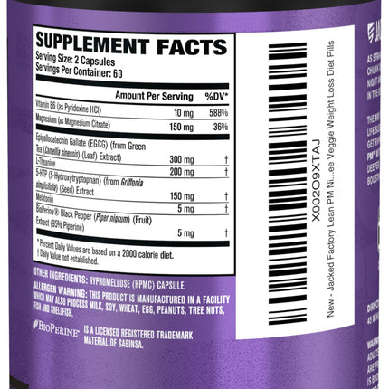 Jacked Factory Lean PM: Nighttime Fat Burner & Sleep Aid (120 Veggie Pills)
