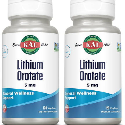 KAL Lithium Orotate 5 mg – 120 VegCaps (Pack of 2) | Mood Support