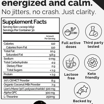 Keto Brainz C8MCT Nootropic Creamer – 500mg Lion’s Mane, AlphaGPC & L-Theanine | 16oz, 30 Servings