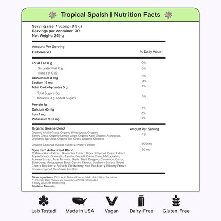 Kiala Nutrition Super Greens — Organic Greens Powder with Spectra Blend, Tropical Splash, 30 Servings