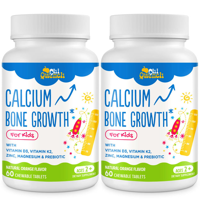 ChiQwench 500 mg Calcium + D3 & K2 with Zinc, Magnesium & Prebiotics – Orange Chewables for Kids’ Bone Health, Gluten Free, 120 Tabs