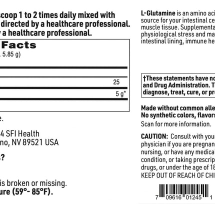 Klaire L-Glutamine Powder - 5000mg Free-Form, Hypoallergenic | SFI Health | 60 Servings