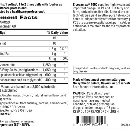 Klaire Labs Eicosamax 1000 TG Fish Oil – 1000 mg EPA/DHA per Soft Gel