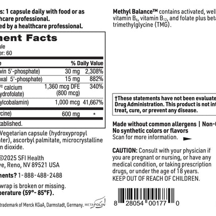 SFI Health Klaire Labs Methyl Balance – Activated B Vitamins + TMG, Metafolin Folate, 60 Capsules