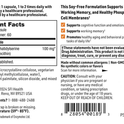 Klaire Labs SFI Health Phosphatidyl Serine SF – Soy Free from Sunflower Lecithin, 60 Capsules