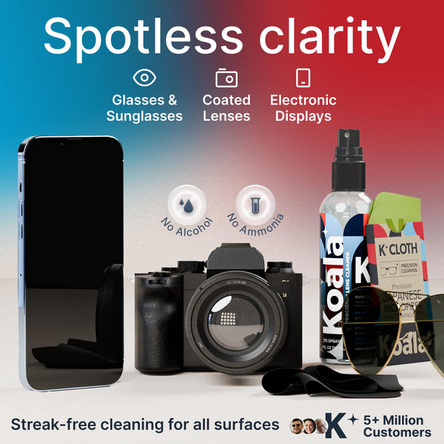Koala Eyeglass Lens Cleaner Spray Kit | 4 Piece Set – 2x Cleaner Bottles + 2x Microfiber Cloths | Made in USA