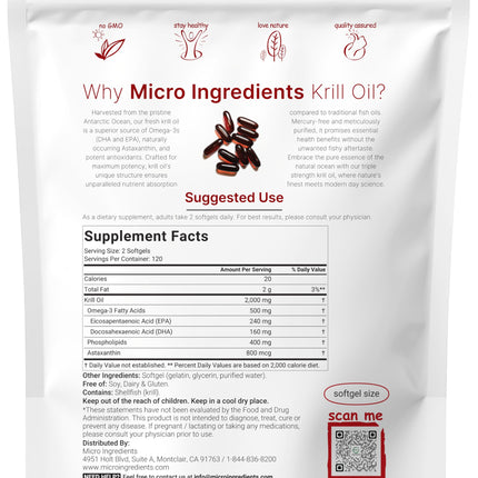 Micro Ingredients Antarctic Krill Oil - 2000mg/Serving, 240 Softgels, Omega-3 EPA/DHA & Astaxanthin