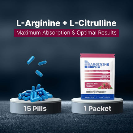 L-ARGININE PRO Supplement Powder | 30 Packets | Single Serve Travel Size | 5,500mg L-Arginine + 1,100mg L-Citrulline | Raspberry
