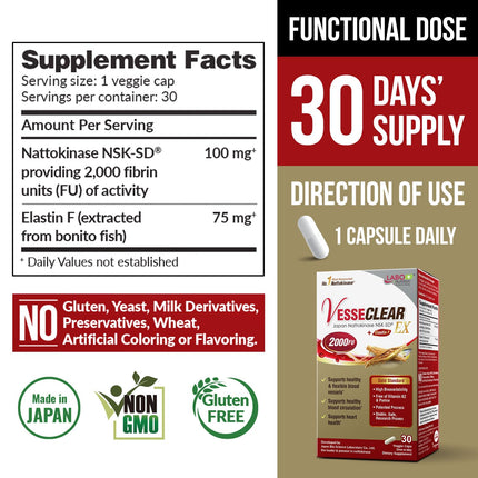 LABO Nutrition VesseCLEAR EX: Nattokinase NSK-SD + Elastin F for Clean & Flexible Blood Vessels — 90 Capsules