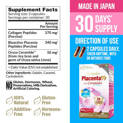 LABO Nutrition Le Ageless Placenta 99 with Ceramides - Placenta Supplement, 60 Capsules