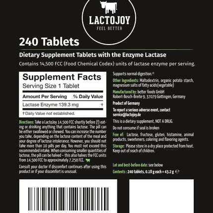 LactoJoy Lactase Pills 14,500 FCC | Vegan, Fast-Acting Enzymes | 240-Piece Refill Pack