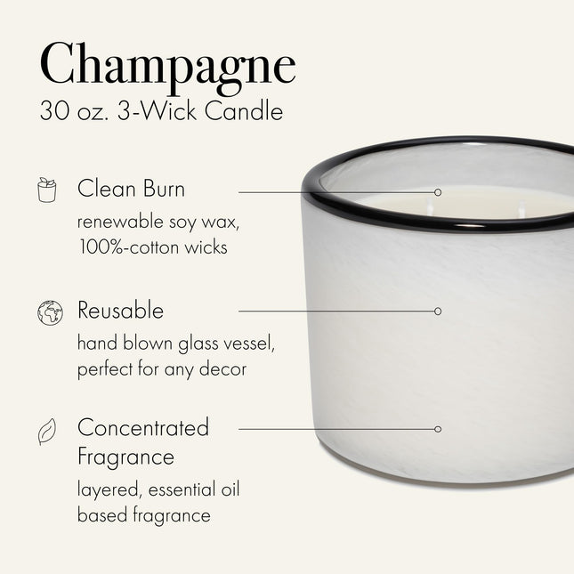 LAFCO New York Champagne 3-Wick Candle – 30 oz, 120-Hour Burn Time, Reusable Hand-Blown Glass Vessel | Made in USA
