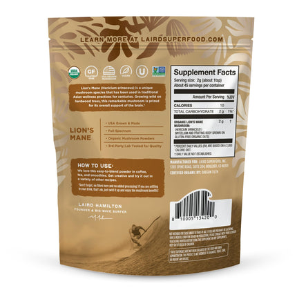 Laird Superfood Organic Lion's Mane Mushroom Powder – Cognitive Function & Immune Support, 3.17 oz Bag