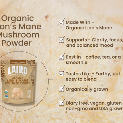 Laird Superfood Organic Lion's Mane Mushroom Powder – Cognitive Function & Immune Support, 3.17 oz Bag