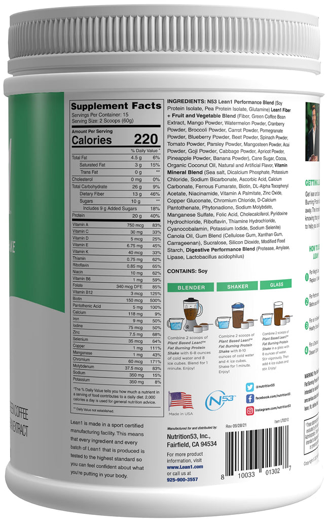 Lean1 Plant-Based Meal Replacement Protein Powder – Chocolate, 15-Serving Tub | Nutrition53