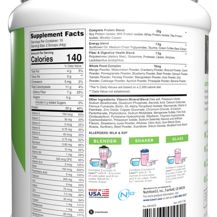 Lean1 Meal Replacement Protein Shake – Strawberry, 15 Servings | Vitamins, Digestive Support & Lean Muscle
