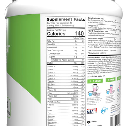 Lean1 Meal Replacement Protein Shake – Strawberry, 15 Servings | Vitamins, Digestive Support & Lean Muscle
