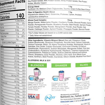 Lean1 Meal Replacement Protein Shake – Strawberry, 15 Servings | Vitamins, Digestive Support & Lean Muscle