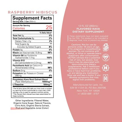LEILO Kava-Powered Sparkling Relaxation Drink | Raspberry Hibiscus 12-Pack | Non-Alc Calming Beverage