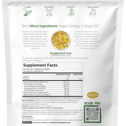 Micro Ingredients Vegan Omega-3 Algae Oil – 240 Veggie Softgels, DHA 500mg