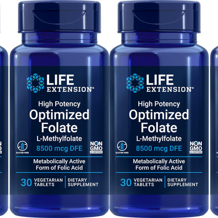 Life Extension High Potency Optimized Folate 8500 mcg DFE – 30 Vegetarian Tablets (Pack of 4)