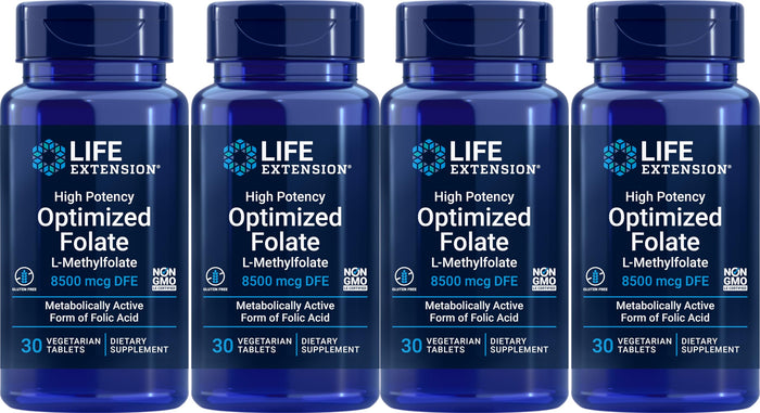Life Extension High Potency Optimized Folate 8500 mcg DFE – 30 Vegetarian Tablets (Pack of 4)