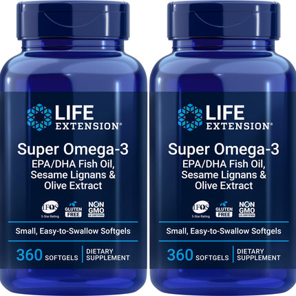 Life Extension Super Omega-3 360 Softgels (2-Pack) – Easy to Swallow, Lemon Flavor, IFOS Certified