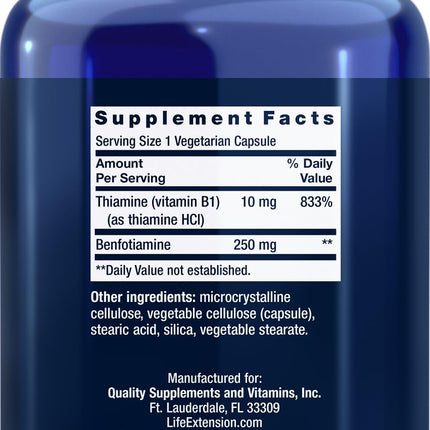 Life Extension Mega Benfotiamine 250 mg – 360 Vegetarian Capsules (2 x 180) | Vitamin B1 with Thiamine