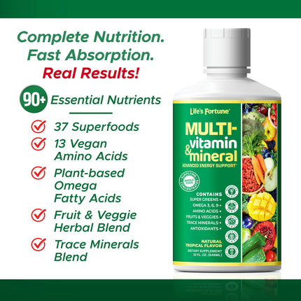 Life's Fortune Liquid Multivitamin – High Absorption Daily Vitamins for Adults & Teens | Tropical Flavor | Sugar Free | Pack of 2 (32 oz)