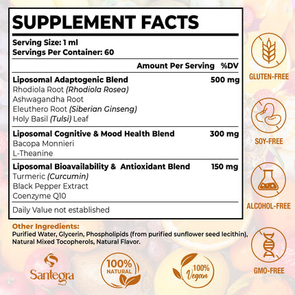 Santegra 57,000mg Liposomal Rhodiola Rosea with Ashwagandha — 360ml Liquid