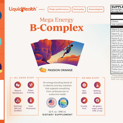 LIQUIDHEALTH Mega Energy B-Complex – Liquid Vitamin for Natural Energy, Immune Support, and Vitality (3 Pack) – Made in USA, Vegan, Sugar-Free