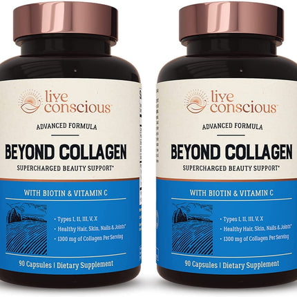 Live Conscious Beyond Collagen Multi Collagen Capsules – Types I, II, III, V & X with Biotin & Vitamin C | 2-Pack, 90 Capsules