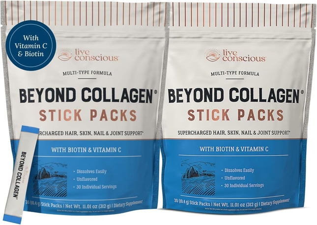 Live Conscious Beyond Collagen Peptides Powder – Unflavored Packets, Hydrolyzed Multi-Type Collagen for Hair, Skin, Nails & Joints (30 Pack, 2pk)
