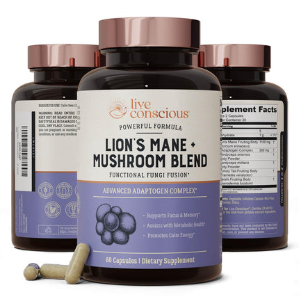 Live Conscious Lions Mane Mushroom Supplement Capsules for Brain Support - Lion's Mane, Cordyceps, Reishi & Turkey Tail