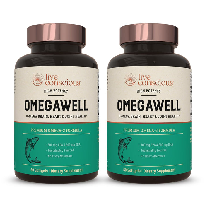 Live Conscious OmegaWell Fish Oil | 800 mg EPA / 600 mg DHA | Enteric-Coated, Burpless, Sustainably Sourced | 120-Count (2-Pack)