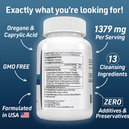 Liver Medic Candida Complex – Digestive Enzymes & Probiotic Cleanse, Non-GMO 120 Caps