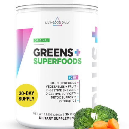 Livingood Daily Greens & Superfood Powder – Original Flavor, 30 Servings, Spirulina, Chlorella & Probiotics