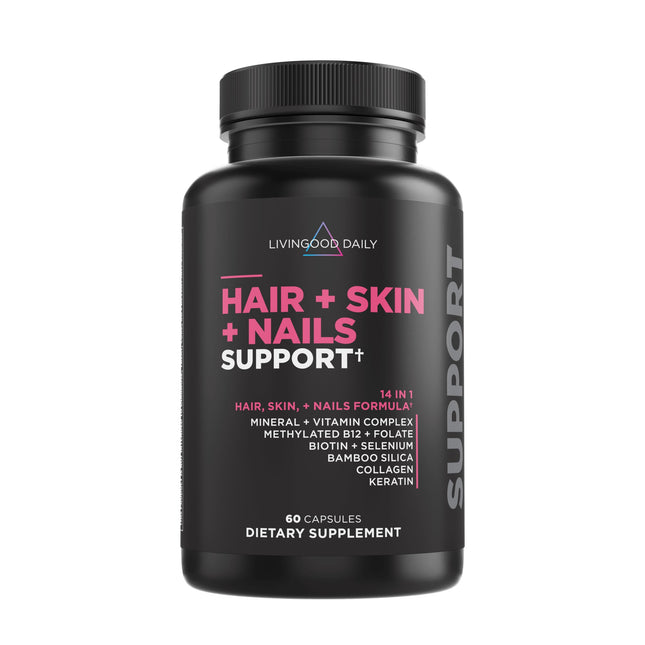 Livingood Daily Hair, Skin & Nails Supplement — 14-in-1 Formula, 60 Capsules, Gluten Free