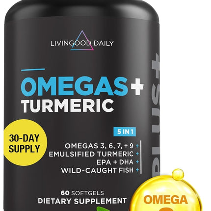 Livingood Daily Omega 3-6-9 Plus Turmeric Curcumin — EPA & DHA, 60 Softgels