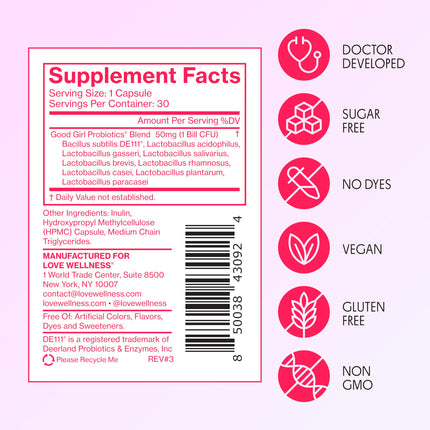 Love Wellness Good Girl Probiotics — 9-Strain Vaginal Health Probiotic for pH Balance, UTIs, Yeast, and Immune Support | Gluten-Free