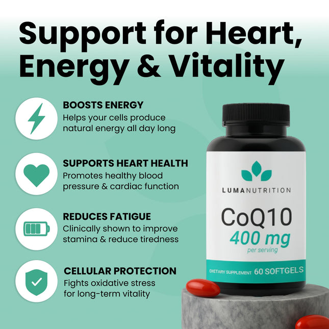 Luma Nutrition CoQ10 400mg Softgels – High-Absorption CoQ10 for Heart Health (60 Count)