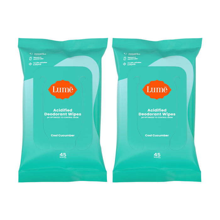 Lume Acidified Deodorant Wipes - 24-Hour Odor Control, Aluminum Free, Cool Cucumber (2-Pack, 45 Count)