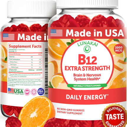 Lunakai Extra Strength 3000mcg Vitamin B12 Gummies — USA Made, Vegan Methylcobalamin, 60ct