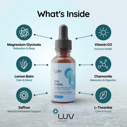 LUV Zen Drops: Anxiety & Stress Support Drops with Magnesium Glycinate, Vitamin D3, L-Theanine | Vegan, Keto, USA Made