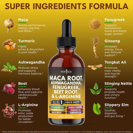 NEW AGE Organic Maca Root Liquid Drops with Ashwagandha, Nettle, Fenugreek, Beet Root & L-Arginine – 8oz