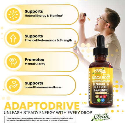 Clean Nutra Maca Root Liquid Drops - Ashwagandha, Beet & L-Arginine | For Women & Men | Adapto Drive