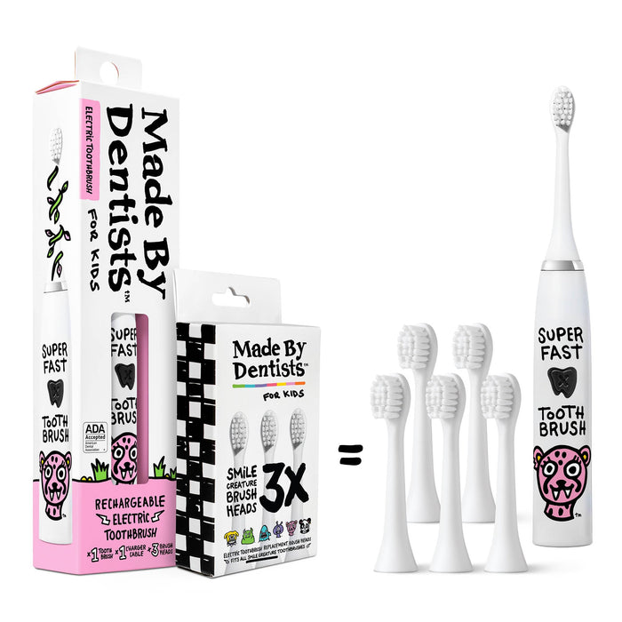 Made by Dentists Kids Electric Toothbrush – Rechargeable, 6 Replacement Heads (Cheetah)
