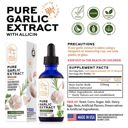 Pure Garlic Extract with Allicin Classic Formula – Immune Support, 2 oz | Vegan Friendly