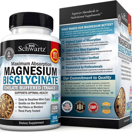 Magnesium Bisglycinate Chelated Supplement – High Absorption, 360 Capsules