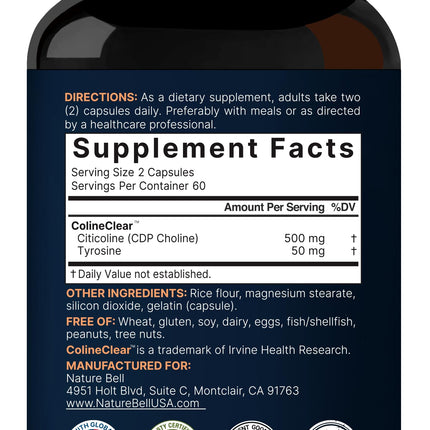 NatureBell Citicoline 500mg + Tyrosine 50mg – 120 Capsules | Dual Action Brain Support